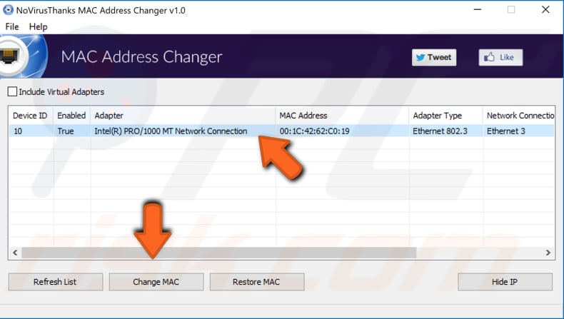 change your MAC address using novirusthanks Mac address changer step 1