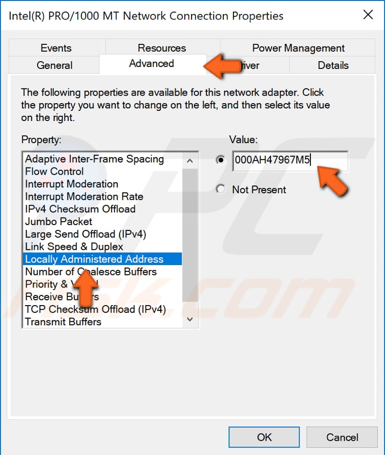 change your Mac address using device manager step 3