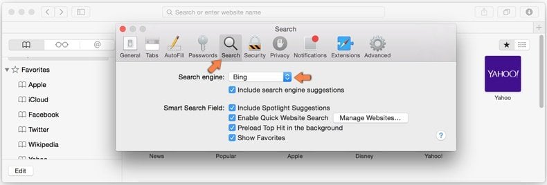 removing browser hijackers from safari step 4 - changing the default Internet search engine