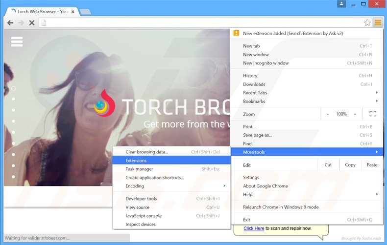 Removing Torch Browser  ads from Google Chrome step 1