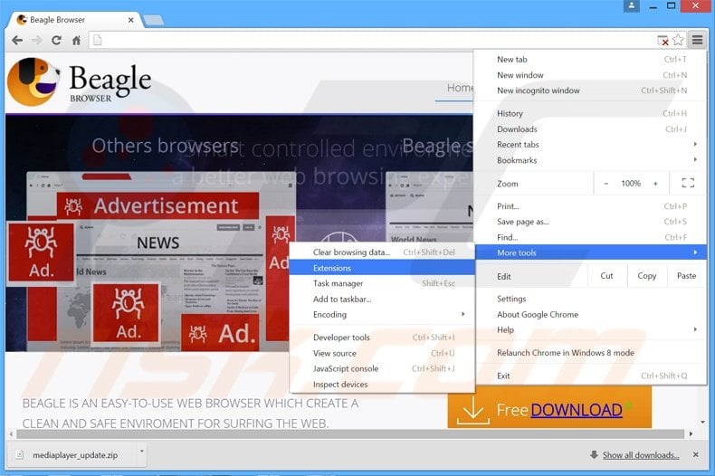 Removing BeagleBrowser  ads from Google Chrome step 1