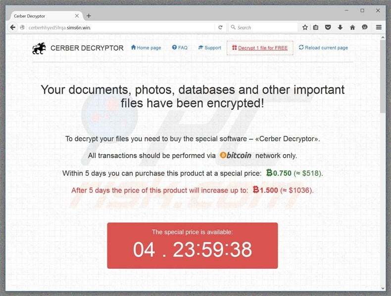 cerber ransomware website homepage