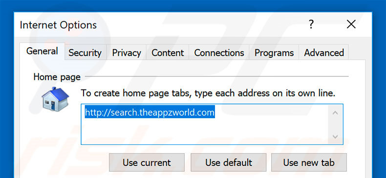 Removing search.theappzworld.com from Internet Explorer homepage