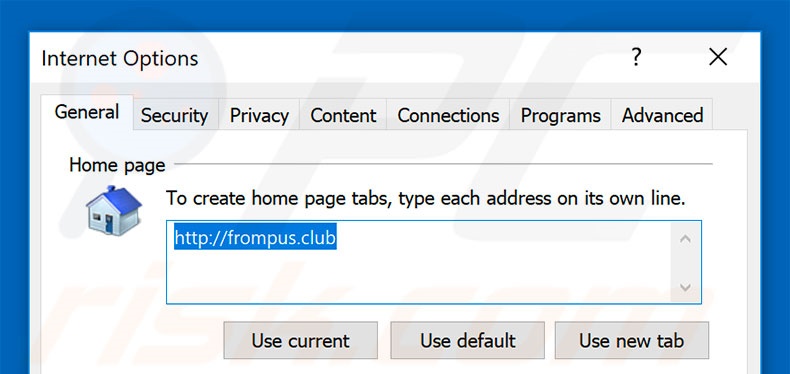 Removing frompus.club from Internet Explorer homepage