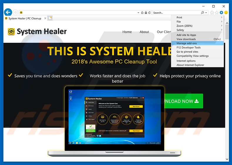 Removing System Healer ads from Internet Explorer step 1