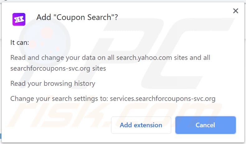 coupon search browser hijacker asks for a permission to be installed on chrome