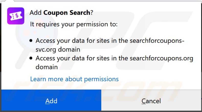 coupon search browser hijacker asks for a permission to be installed on firefox