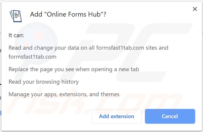 Online Forms Hub browser hijacker asking for permissions