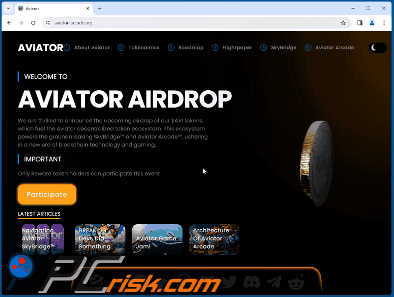 Appearance of AVIATOR AIRDROP scam (GIF)