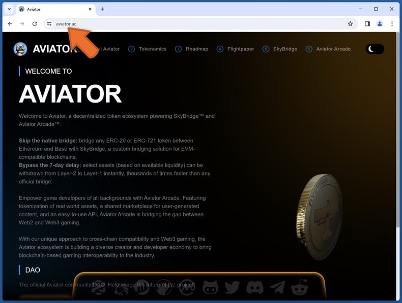 Appearance of the real AVIATOR website (aviator.ac)