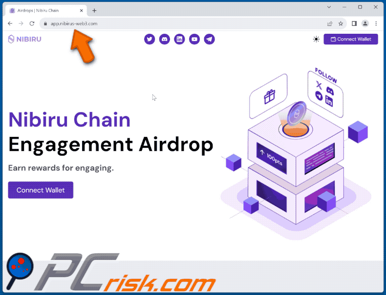 Appearance of Nibiru Chain Engagement Airdrop scam (GIF)