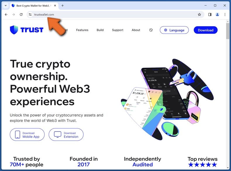 Appearance of the official Trust Wallet website (trustwallet.com)