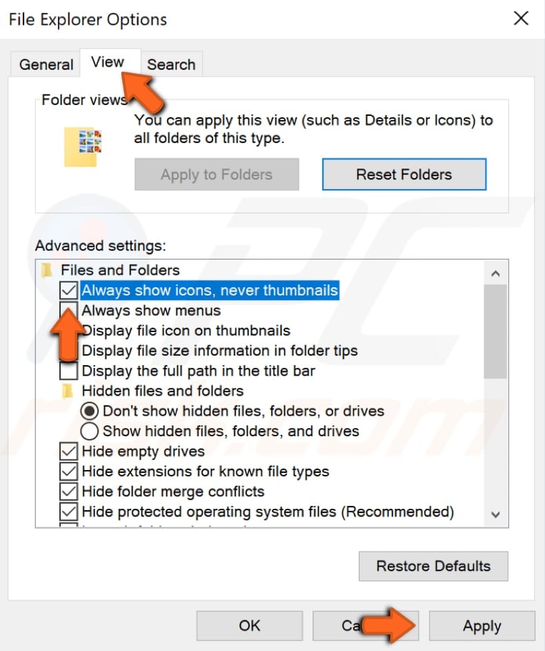 disable thumbnails using file explorer options step 2
