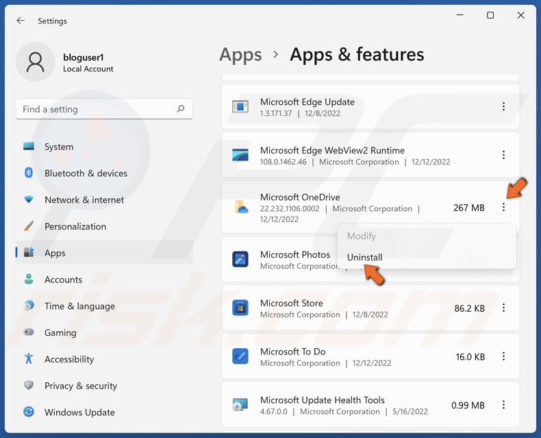Select Microsoft OneDrive and click Uninstall