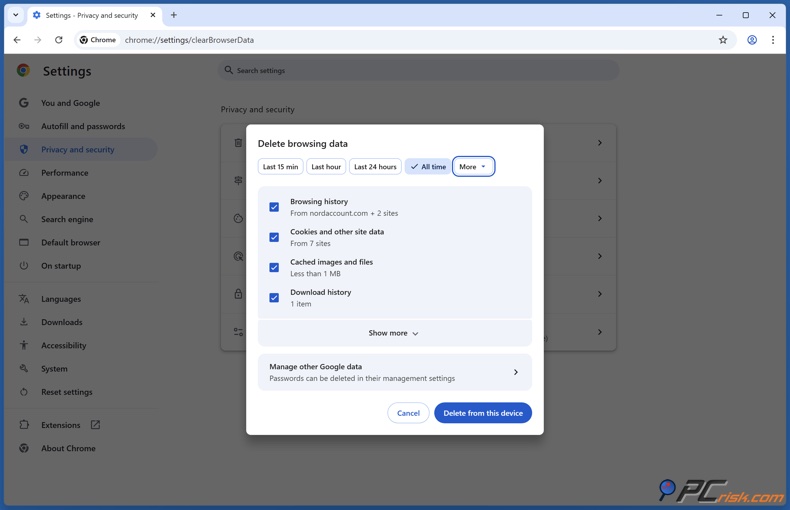 Clear Chrome's browsing data