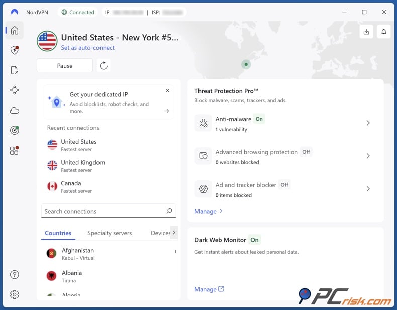 NordVPN connected to a server in the US