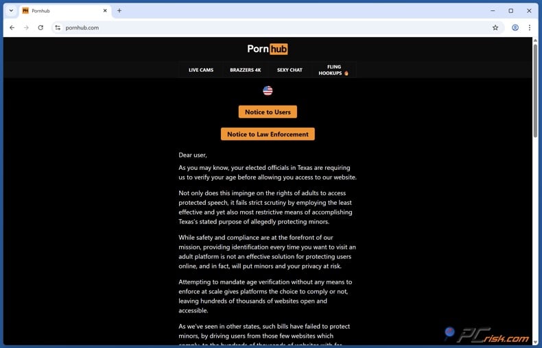 Pornhubs age verification prompt in the US