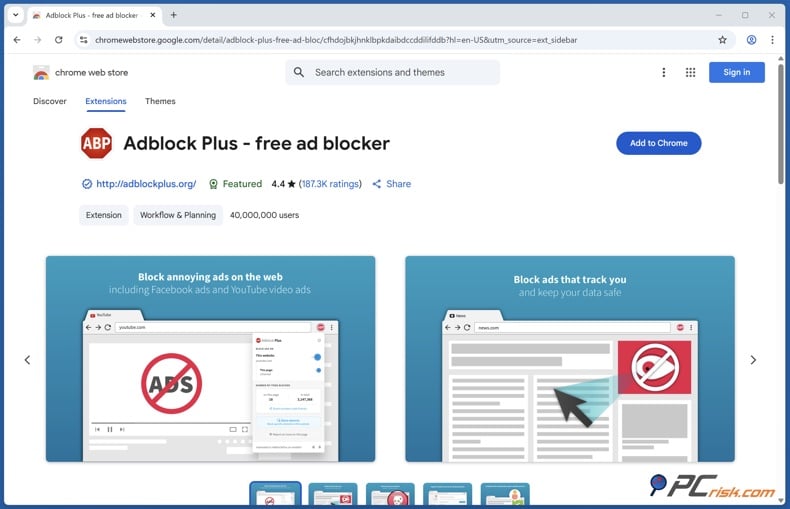 Adblock Plus browser extension page