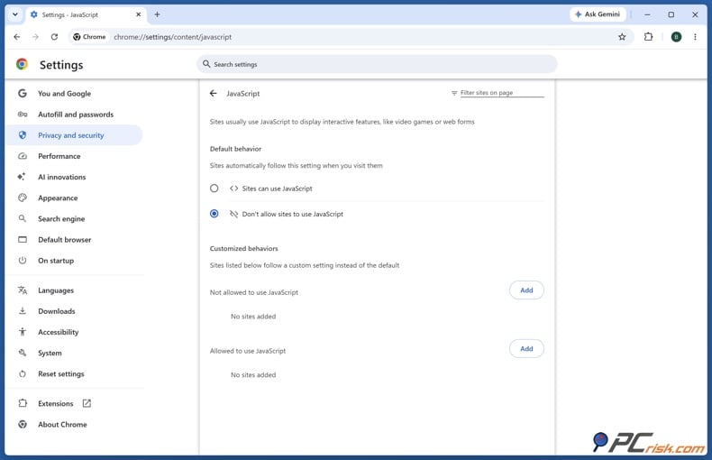 Chrome JavaScript settings