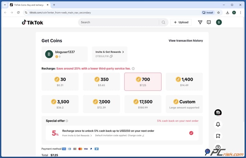 TikTok Coin recharge