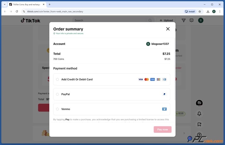 TikTok coins order summary window