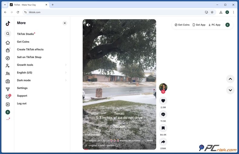 TikTok side menu and Get Coins button