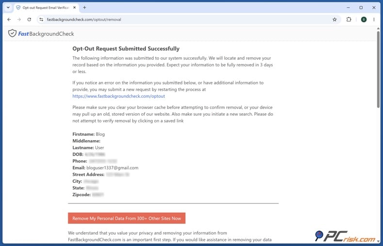 Opt out request submited successfully