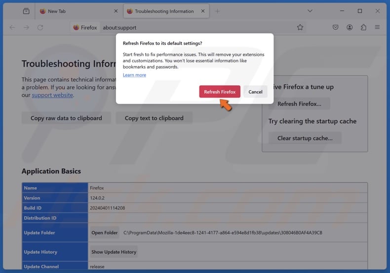 Click Refresh Firefox in the confirmation dialog