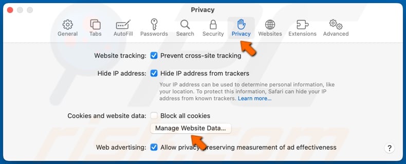 Select the Privacy tab and click Manage Website Data