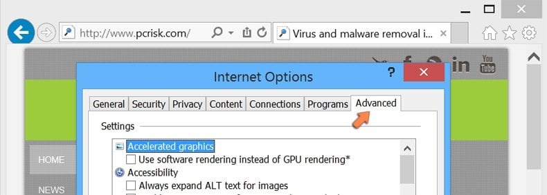 Reinițializarea setărilor Internet Explorer la setările implicite în Windows 8 - Internet options advanced tab