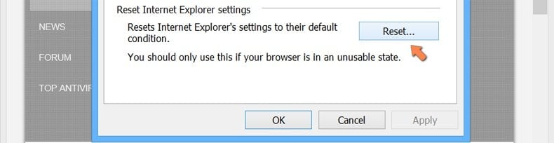 Reinițializarea setărilor Internet Explorer la setările implicite pe Windows 8 - faceți clic pe butonul Reset din fila Internet options advanced