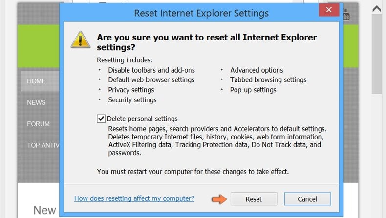Przywracanie domyślnych ustawień przeglądarki Internet Explorer w systemie Windows 8 - potwierdzenie przywrócenia domyślnych ustawień poprzez kliknięcie przycisku Reset