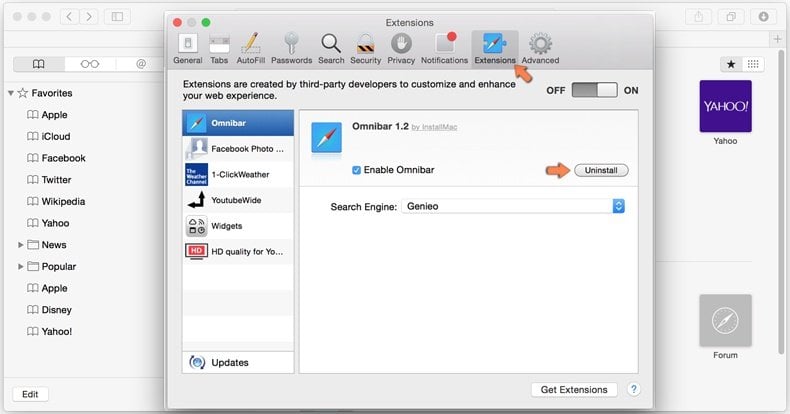 removing browser hijacker from safari step 2 - removing extensions