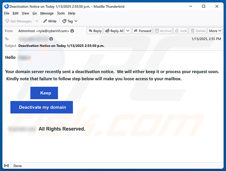 Your domain server recently sent a deactivation notice email scam (2025-01-16)