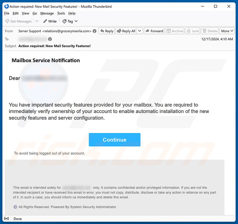 Mailbox Service Notification email scam (2025-01-27)