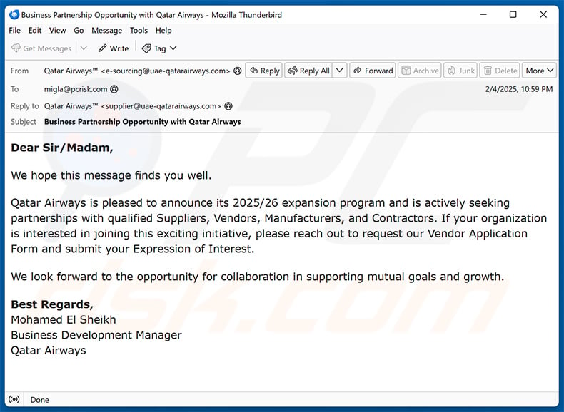 Qatar Airways email scam (2025-02-05)