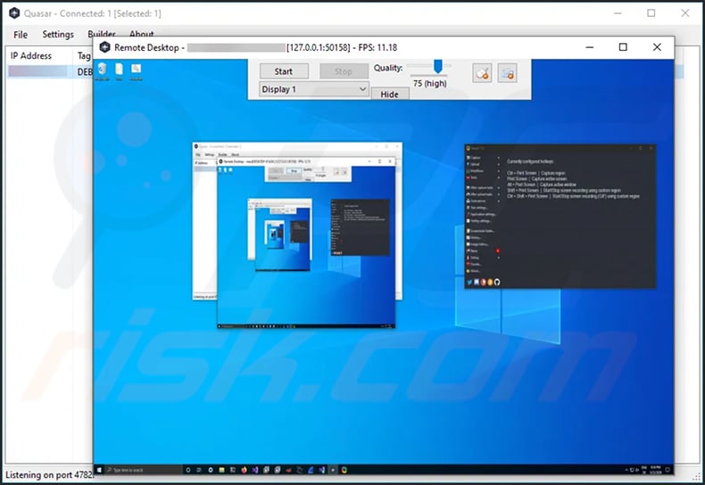 Quasar RAT's remote desktop access screen