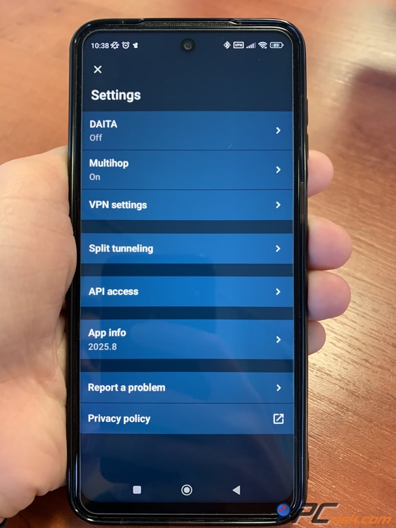 Mullivad for Android Settings menu