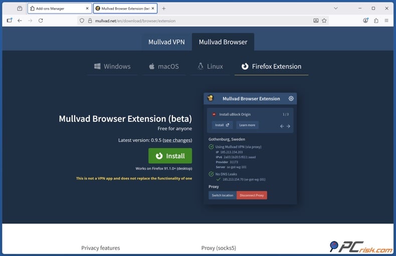 Mullivad Firefox browser extension