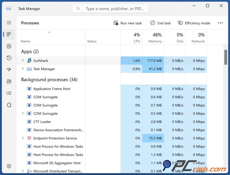 Surfshark VPN dektop resource usage