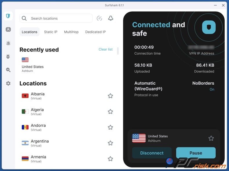 Surfshark VPN desktop app dashboard