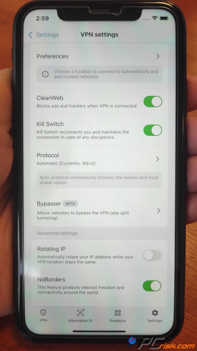 Surfshark for iOS settings menu