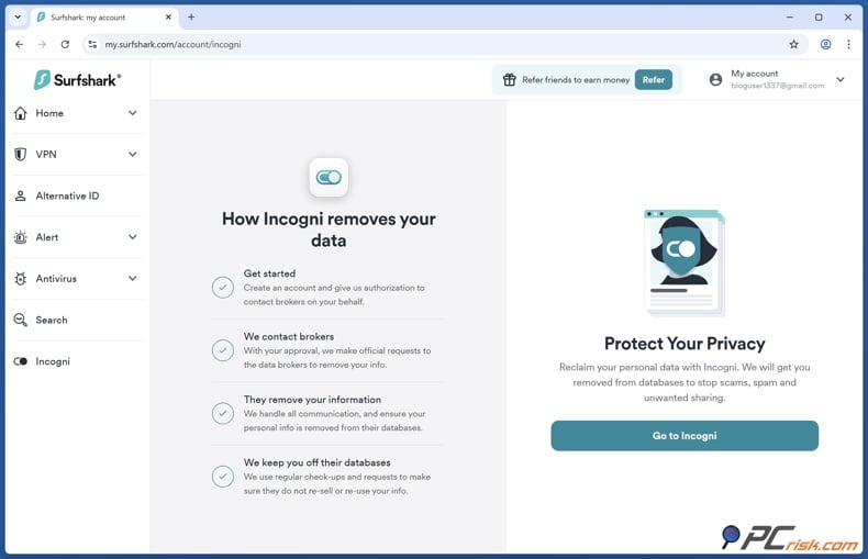 Surfshark Incogni page