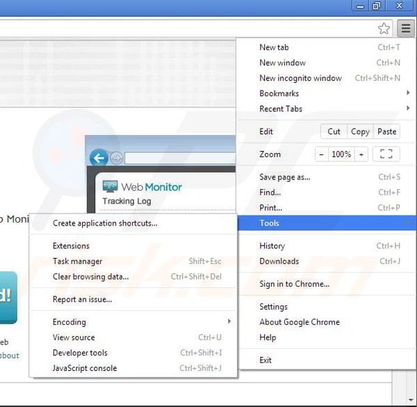 Removing Web Monitor from Google Chrome step 1