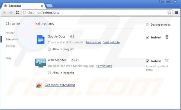 Removing Web Monitor from Google Chrome step 2