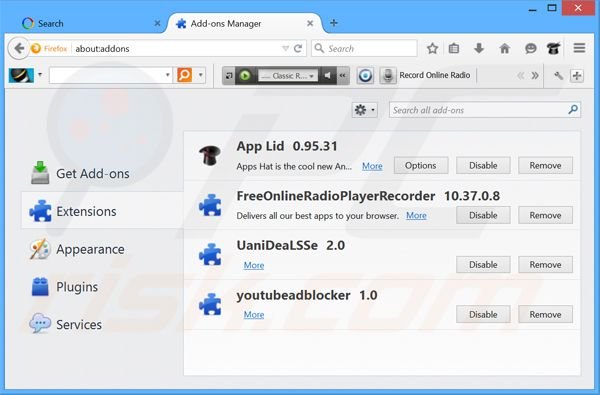 Removing FreeOnlineRadioPlayerRecorder related Mozilla Firefox extensions