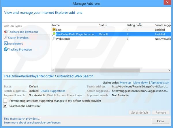 Removing FreeOnlineRadioPlayerRecorder from Internet Explorer default search engine