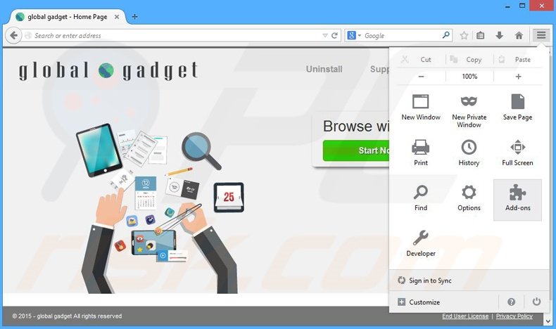 Removing global gadget ads from Mozilla Firefox step 1