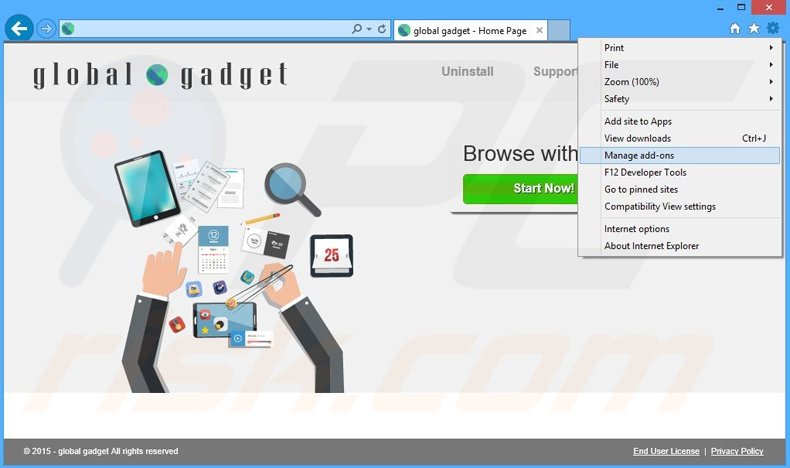 Removing global gadget ads from Internet Explorer step 1