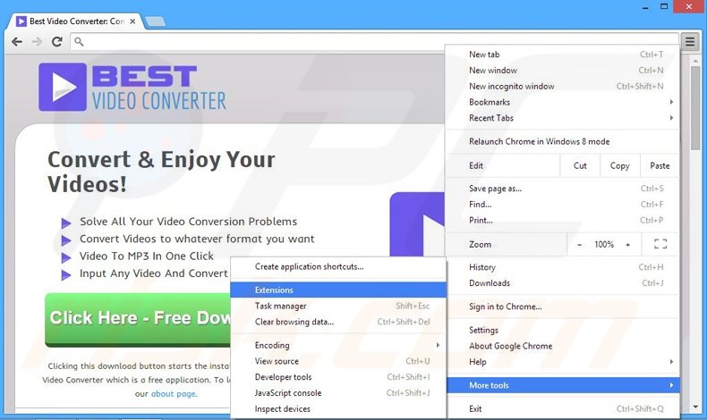 Removing BestVideoConverter ads from Google Chrome step 1